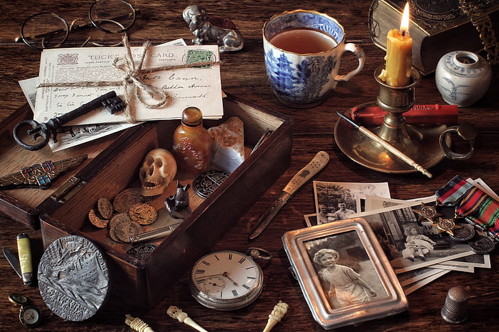 tea, things, watch, skull, candle, key, glasses, knife, awards, Cup, box, photos, coins, still life, letters, thimble, HD wallpaper