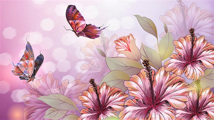 꽃, 꽃, 예술, 나비, 히 비 스커 스, HD 배경 화면
