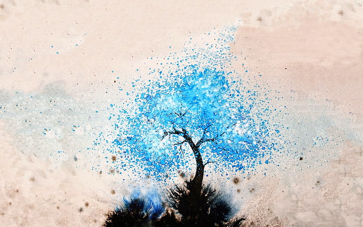 lukisan pohon berdaun biru, karya seni, pohon, seni digital, alam, abstrak, Wallpaper HD