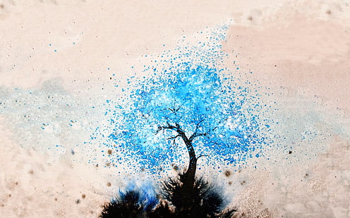 живопис със сини листа, произведения на изкуството, дървета, дигитално изкуство, природа, абстрактно, HD тапет HD wallpaper