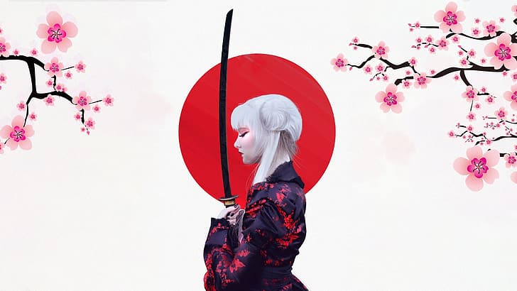 digital art, artwork, women, Japanese, samurai, katana, cherry blossom, HD wallpaper
