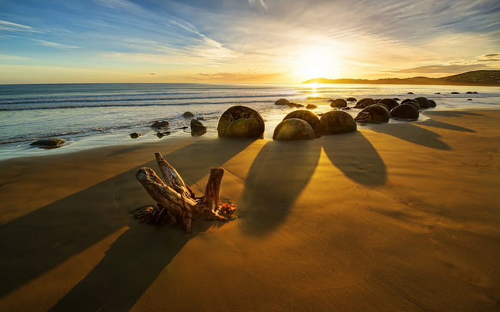 pantai, lanskap, batu, bayangan, pasir, sinar matahari, langit, kayu, gunung, alam, Wallpaper HD