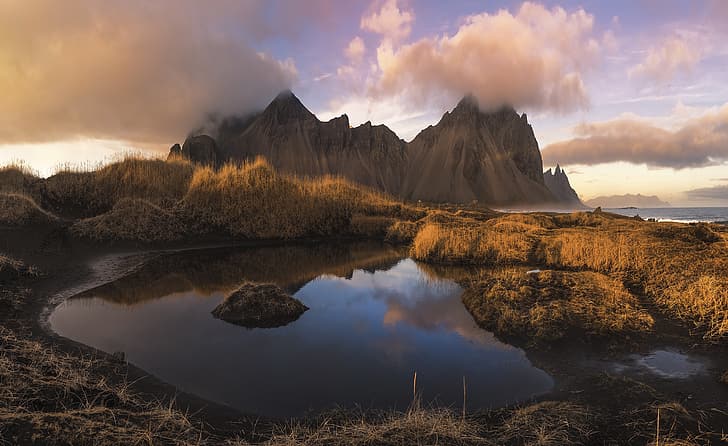 montagnes, matin, Islande, Stokksnes, Fond d'écran HD