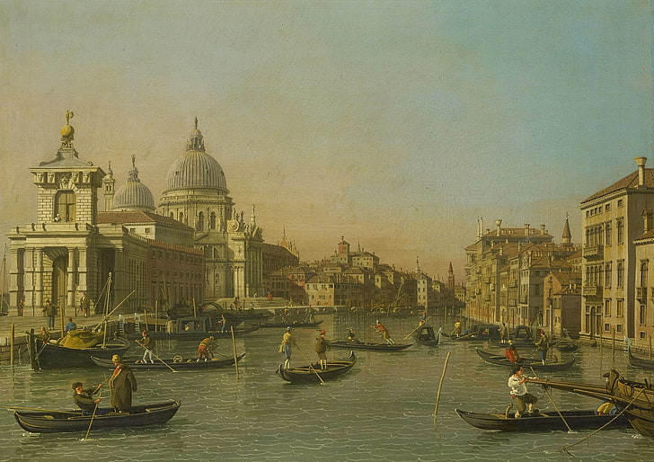 łódź, obraz, Wenecja, gondola, krajobraz miejski, Canaletto, Wejście na Canal Grande, Tapety HD
