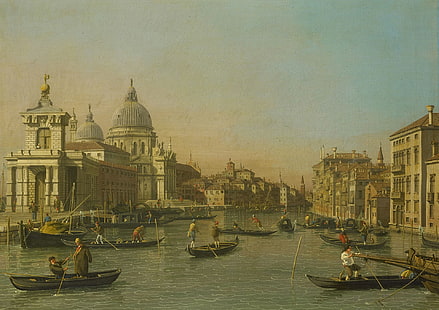boat, picture, Venice, gondola, the urban landscape, Canaletto, The entrance to the Grand Canal, HD wallpaper HD wallpaper