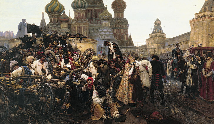 건물 그림, 사람, 인물, 군중, 그림, 모스크바, 예술, Streltsy의 아침, V. I. Surikov 근처에 모이는 사람들, HD 배경 화면