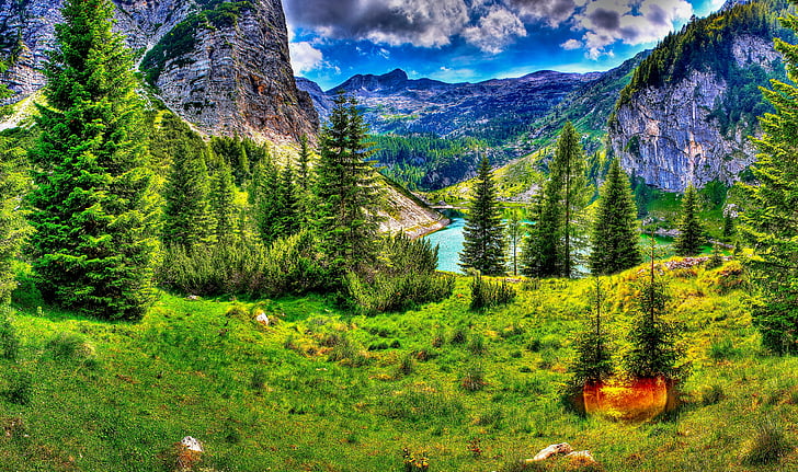 bulutlar, orman, çimen, yeşil, göller, dağlar, doğa, manzara, gökyüzü, slovenya, ağaçlar, vadi, HD masaüstü duvar kağıdı