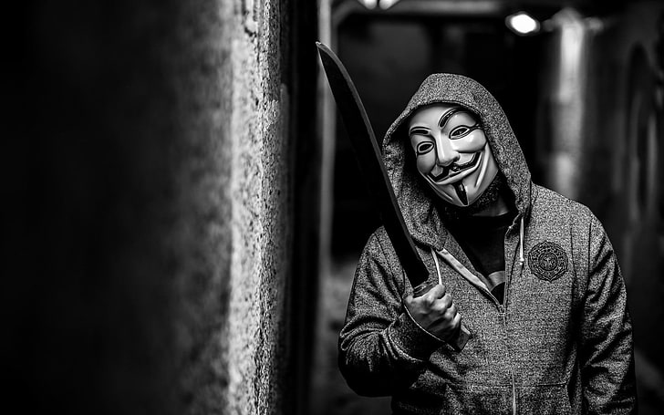 Vendetta, Anonim, topeng, kerudung, parang, pisau, Wallpaper HD