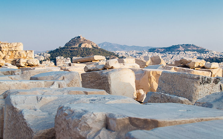 Акрополь, Афины, Городской пейзаж, Чистое небо, Европа, Греция, Холм, пейзаж, Lycabettus, скалы, Руины, HD обои