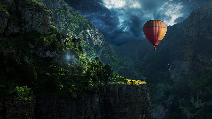 orange Heißluftballon, digitale Kunst, Natur, Heißluftballone, HD-Hintergrundbild