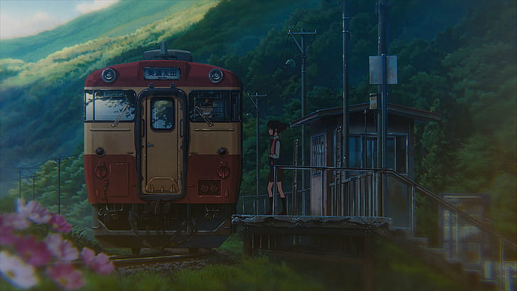 аниме, пейзаж, Кими но на ва, вокзал, поезд, твое имя, Миядзиму, Мицуху, Мицуху, Миядзиму, HD обои