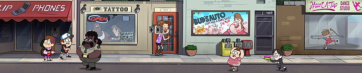 Fondo de pantalla animado de fachada de tienda, Gravity Falls, pantalla múltiple, Disney, dibujos animados, Fondo de pantalla HD