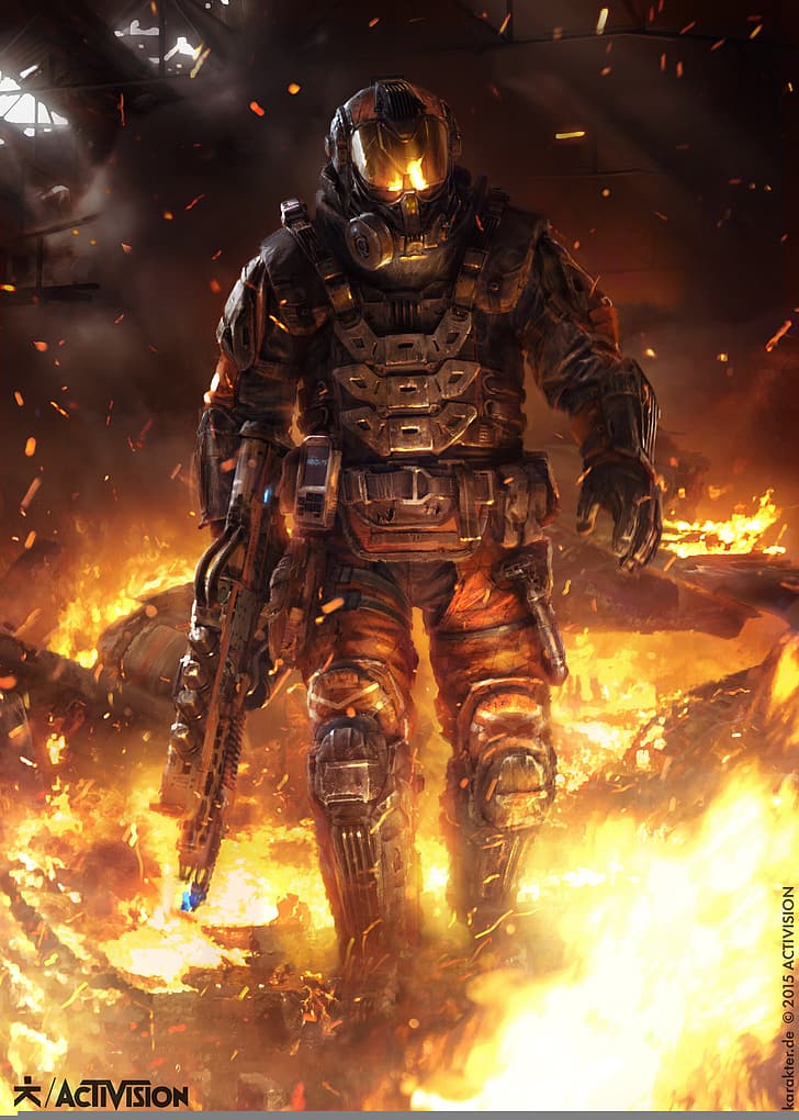 Flamethrower, helmet, fire, burning, Call of Duty: Black Ops III, Activision, video games, video game characters, HD wallpaper