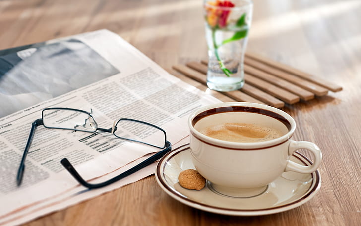 Still life, wooden table, glasses, newspaper, coffee, white ceramic teacup and black frame clear lens eyeglasses, Still, Life, Wooden, Table, Glasses, Newspaper, Coffee, HD wallpaper