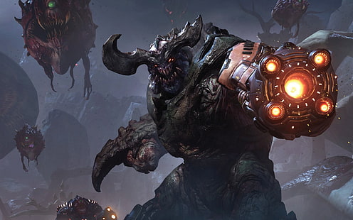чудовище с бластер и острие оръжие тапет, Doom (игра), видео игри, HD тапет HD wallpaper