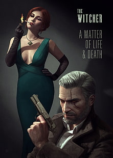człowiek trzymający pistolet ilustracja, Wiedźmin, Wiedźmin 3: Dziki Gon, grafika, grafika cyfrowa, Geralt of Rivia, Triss Merigold, plakat, noir, Tapety HD HD wallpaper