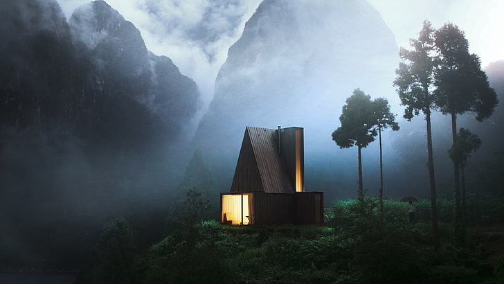 modernt brunt hus, natur, hus, träd, berg, dimma, HD tapet