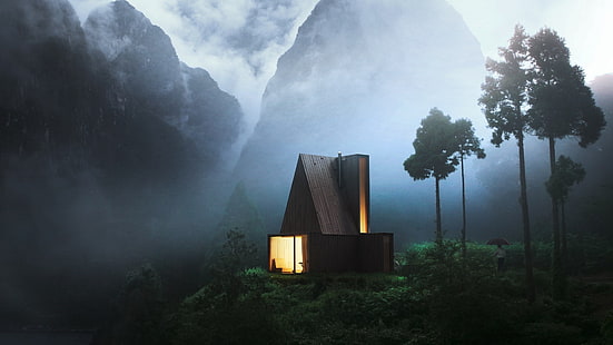 модерна кафява къща, природа, къща, дървета, планини, мъгла, HD тапет HD wallpaper