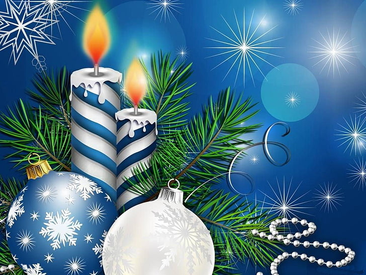 blue and white Christmas-themed wallpaper, Christmas, Christmas ornaments, candles, leaves, HD wallpaper