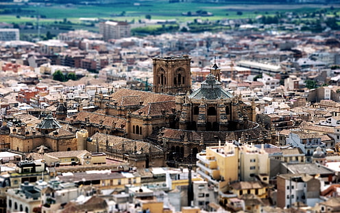 edificio marrone e grigio fotografia con tilt shift, tilt shift, Granada, Alhambra, vo edificio, paesaggio urbano, Sfondo HD HD wallpaper