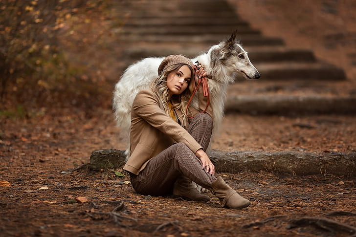 jesień, dziewczyna, poza, pies, Anastasia Barmina, Tapety HD