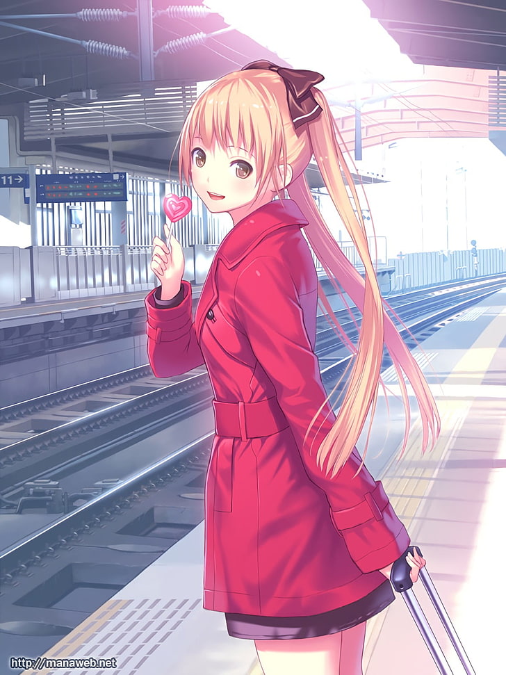 anime, gadis anime, stasiun kereta, rambut panjang, pirang, mata cokelat, Wallpaper HD, wallpaper seluler