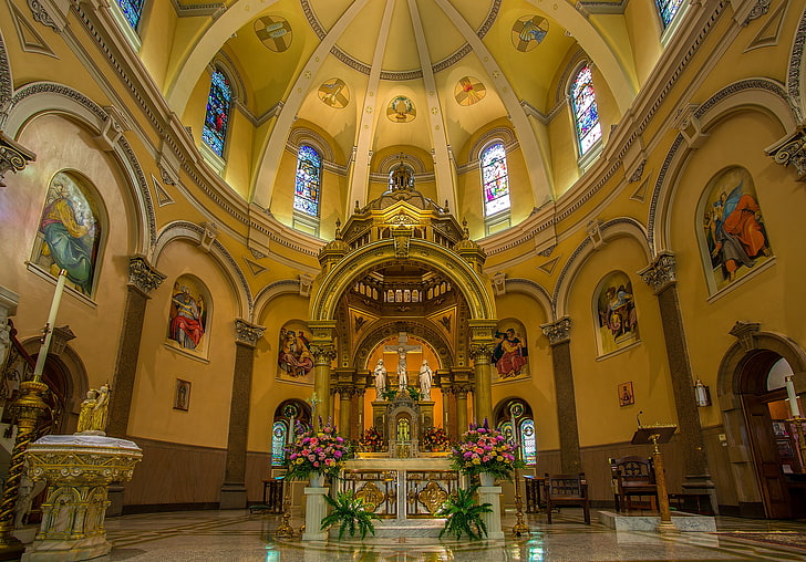 gul katedral, blommor, kyrka, målat glas, kupolen, altaret, HD tapet