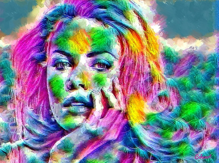 Charlize Theron, berwarna-warni, kuning, cehenot, wanita, hijau, aktris, lukisan, tangan, wajah, pink, pictura, biru, seni, abstrak, gadis, potret, Wallpaper HD