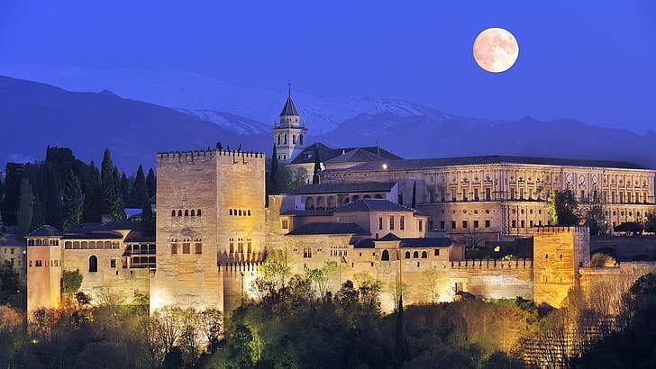 medieval architecture, spain, granada, alhambra, history, moon, ancient history, evening, night sky, palace, landmark, fortification, building, tourist attraction, castle, full moon, historical, europe, sky, HD wallpaper