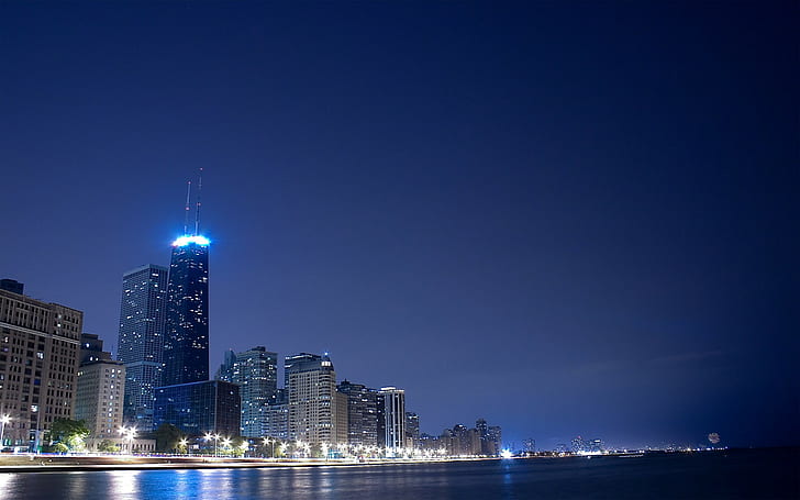 malam, Chicago, gedung pencakar langit, lampu kota, kota, lanskap kota, Wallpaper HD