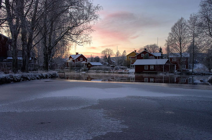 christmas, country town, falun, landscape, snow, sundborn, sunset, sweden, village, winter, HD wallpaper