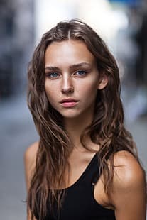Rachel Cook, wanita, model, mata biru, berambut cokelat, rambut panjang, perkotaan, tank top, Wallpaper HD HD wallpaper