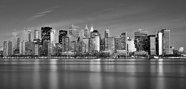 gray scale photo of high-rise building, manhattan, manhattan, Lower Manhattan, Twilight, gray scale, photo, high-rise building, NYC, skyline, New York City  New York, urban Skyline, cityscape, skyscraper, uSA, architecture, downtown District, famous Place, urban Scene, city, HD wallpaper HD wallpaper