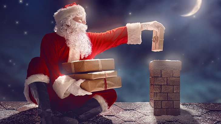 サンタクロース、休日、夜、クリスマス、クリスマスの夜、クリスマス、屋根、屋上、ギフト、煙突、月、 HDデスクトップの壁紙