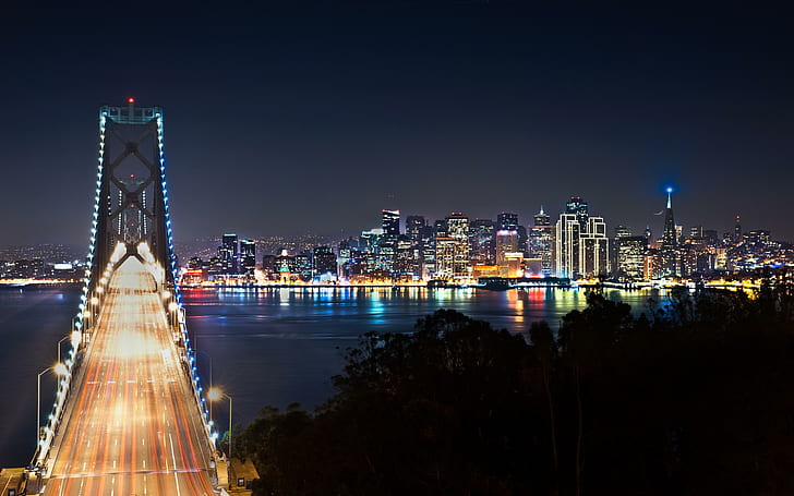 Сан Франциско, изглед, прекрасен, силует, сгради, красив, вода, архитектура, градски светлини, спокоен, път, океан, HD тапет