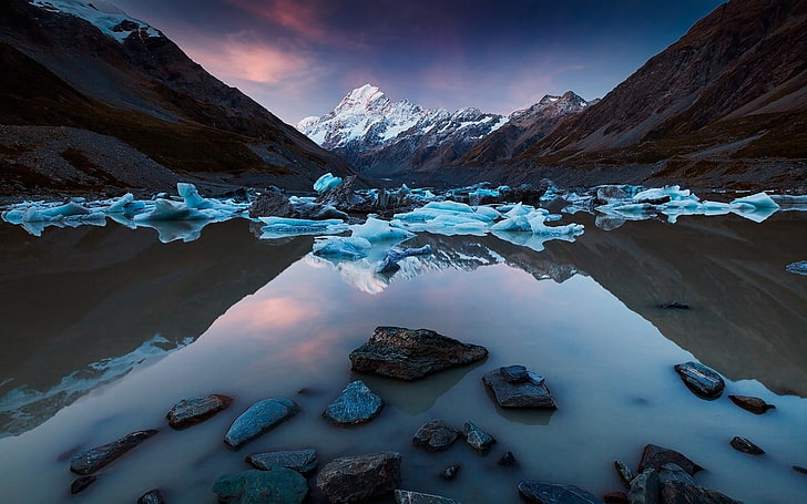 fragmen batu abu-abu, alam, lanskap, danau, pegunungan, es, refleksi, Selandia Baru, puncak bersalju, air, tenang, biru, Wallpaper HD