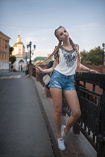 Dmitry Shulgin, urban, jean shorts, women, model, women outdoors, braids, sneakers, blue eyes, long hair, blonde, Karina, HD wallpaper HD wallpaper