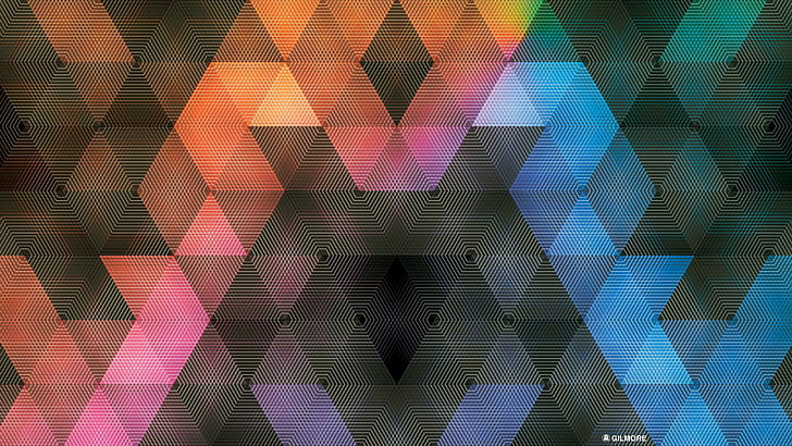 wallpaper pixelated biru dan merah muda, ilustrasi abstrak warna-warni, abstrak, pola, Andy Gilmore, geometri, berwarna-warni, Wallpaper HD
