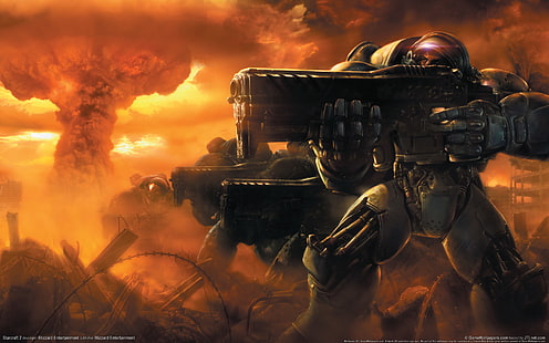 robot holding gun digital wallpaper, the city, weapons, war, heroes, starcraft 2, HD wallpaper HD wallpaper