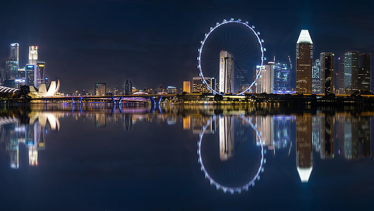 أفق مدينة سنغافورة ، المباني ، مارينا باي ساندز ، مبنى ، ليلاً ، سنغافورة، خلفية HD