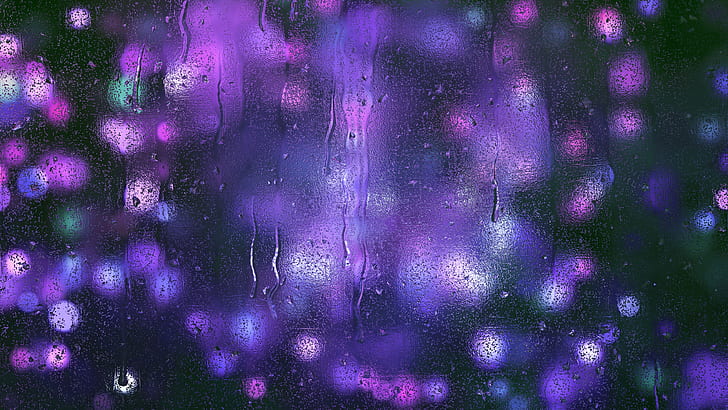 Bokeh, Kabur, 4K, Tetesan hujan, Lampu ungu, Wallpaper HD