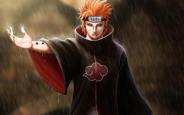 Ilustrasi Naruto Shiippuuden Pain, Naruto Shippuuden, anime, Akatsuki, hujan, berambut merah, Pein, Wallpaper HD