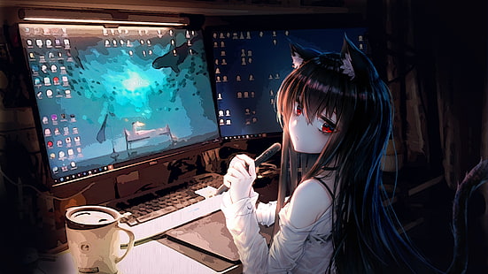 Anime, Original, Orelhas dos animais, Cabelo preto, Computador, Cabelos longos, Monitor, Olhos vermelhos, HD papel de parede HD wallpaper