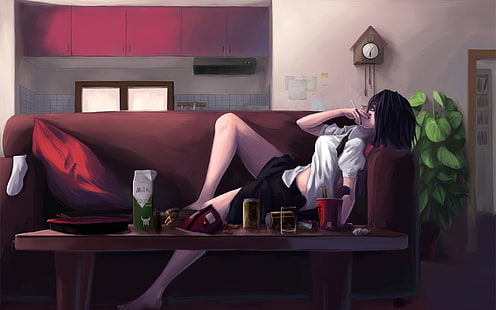 Sigara Kız Anime Sanatı, kanepede yatan çocuk karakteri animasyon, Anime / Animasyon, içki, animasyon, kız, viski, sigara, HD masaüstü duvar kağıdı HD wallpaper