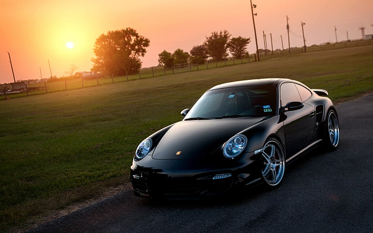 black coupe, car, Porsche, vehicle, Sun, Porsche 911 Turbo, HD wallpaper