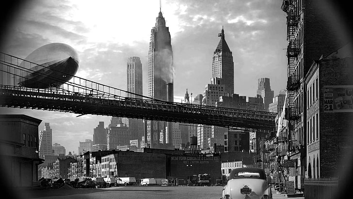 photo en niveaux de gris de la tour Eiffel, ville, zeplin, monochrome, paysage urbain, dirigeables, New York City, vintage, pont, gratte-ciel, voiture, Fond d'écran HD