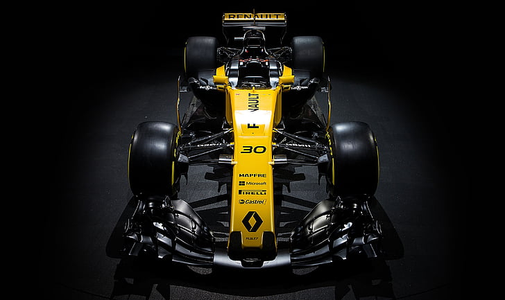 yellow Renault Formula 1 race car on black background, Renault R.S.17, Formula One, Racing car, 4K, HD wallpaper