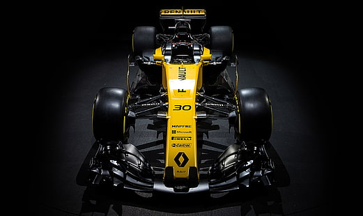 жълт състезателен автомобил Renault Формула 1 на черен фон, Renault R.S.17, Формула 1, Състезателен автомобил, 4K, HD тапет HD wallpaper