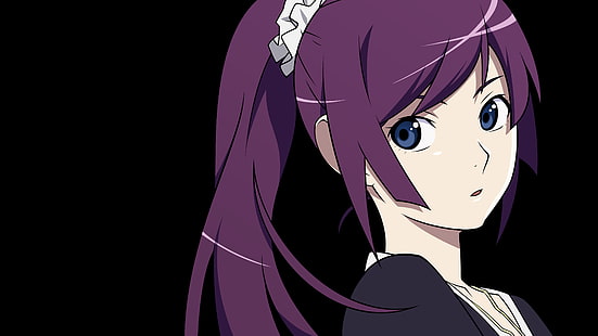 Anime, Anime Girls, einfacher Hintergrund, einfach, Monogatari-Serie, Senjougahara Hitagi, blaue Augen, weiße Haut, lila, dunkler Hintergrund, lila Haare, HD-Hintergrundbild HD wallpaper