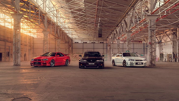 닛산 스카이 라인 GT-R R34, 닛산 스카이 라인 GT-R R33, 닛산 스카이 라인, 닛산, 닛모, 일본 자동차, JDM, 빨간 자동차, 보라색 자동차, 흰색 자동차, 창고, HD 배경 화면